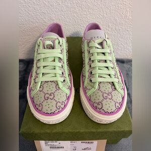 Brand New Gucci Tennis 1977 GG Crystals Pale Green Lilac Sneakers Sz 36 (US 6)